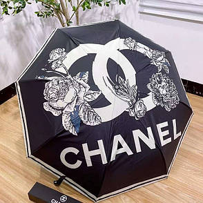 Парасолька Chanel чорна з білим лого та фірмовим квітковим візерунком