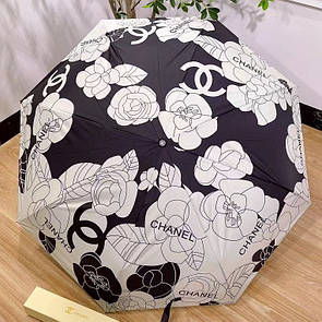 Парасолька Chanel чорний з білим фірмовим квітковим візерунком