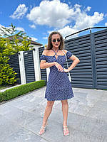 Легкое летнее платье со спущенным коротким рукавом в цветочный принт (Размеры 42,44,46,48), Синее
