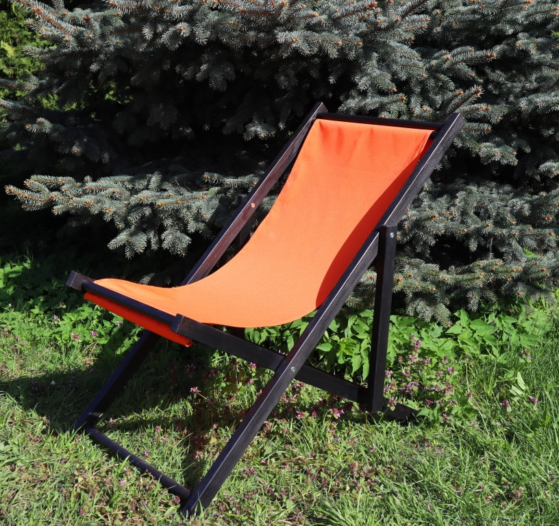 Розкладне дерев’яне крісло шезлонг з тканиною, для дачі, пляжу чи кафе. Колір каркасу: Чорний
