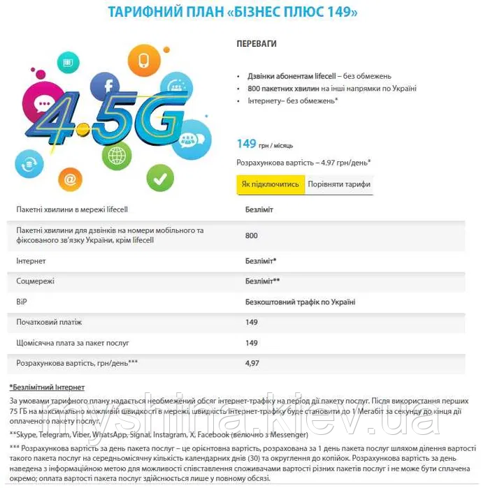 Тарифный план «БИЗНЕС ПЛЮС 149» 149 грн./мес. (Life-безлим, интернет ...