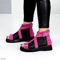 Женские туфли ботинки с открытым носком замшевые с сеткой фуксия с черным Marena