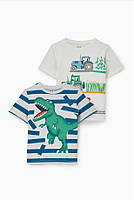 Набір із 2 футболок «Трактор» і «Динозавр», зріст 128 (8 років), колір: молочний, сірий
