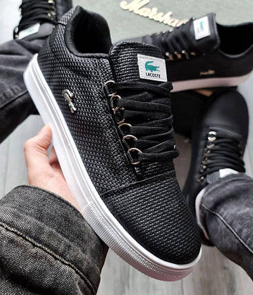 Чоловічі кросівки Lacoste Black White Кеди Лакоста чорні з білим прогумована шкіра демісезонні, фото 1