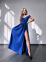 Вечернее длинное платье с открытыми плечами спущенными и декором из пуговиц (р. S, M) Синий, S