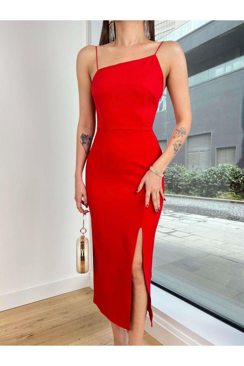 Вечірнє плаття міді на тонких бретелях з розрізом на нозі (р. 42-48), фото 1