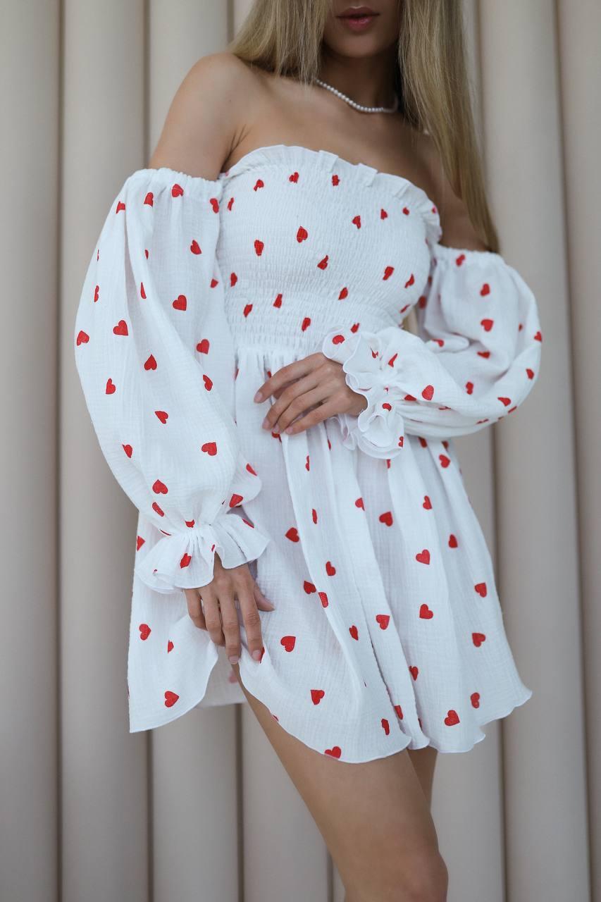 Біле плаття з мусліну з верхом резинкою відкритими плечима та розкльошеною спідницею (р. 42-46), фото 1