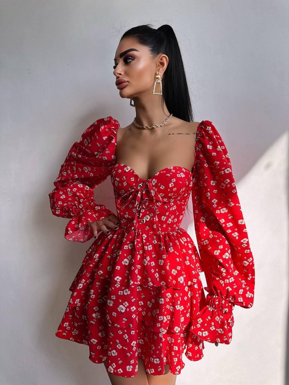 Коротке квіткове плаття з воланами на спідниці та верхом бюстьє (р. S, M), фото 1