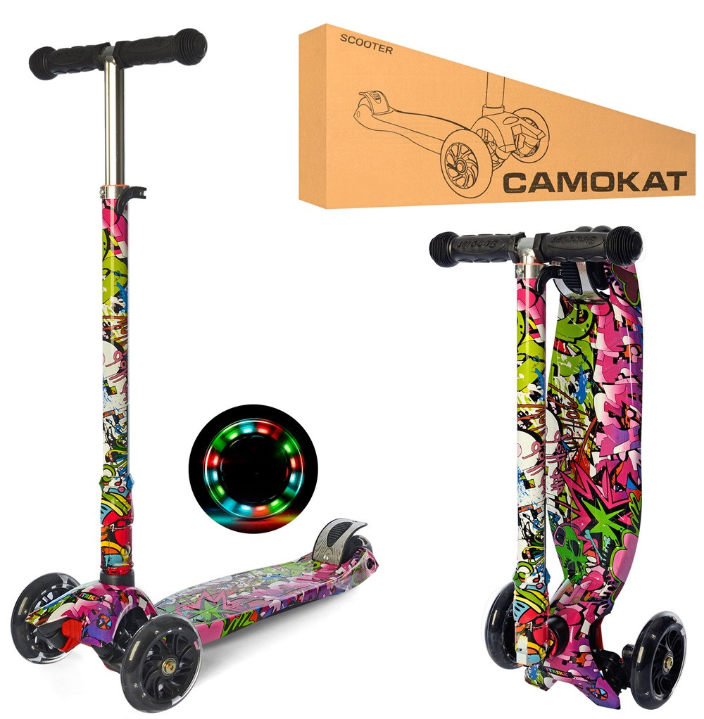 Дитячий триколісний самокат iTrike JR 3-055-WP5 MAXI з принтом, світло коліс, складаний, фото 1