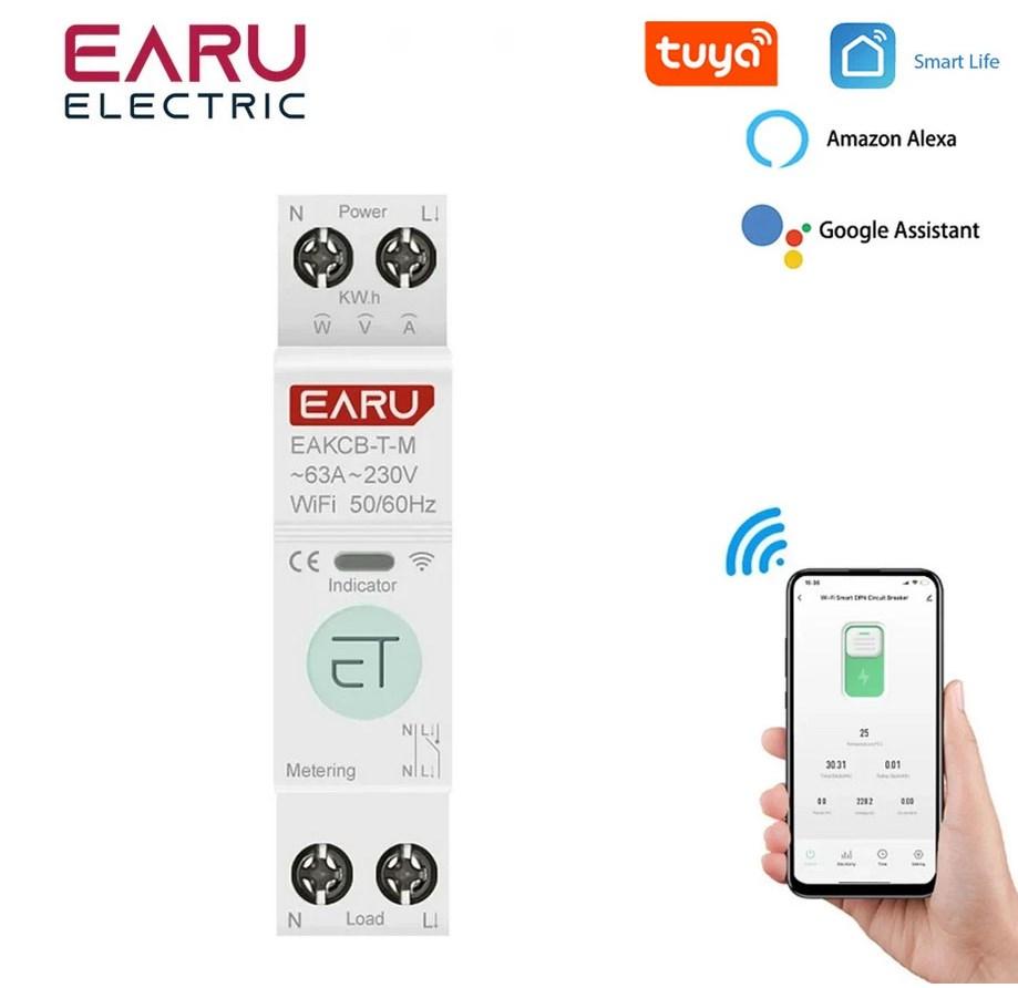 WiFi автомат, автоматичний вимикач EARU EAKCB-T-M 1-63A на DIN однофазний, лічильник кВт, захист ВА
