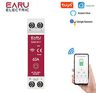 Умный wifi автомат, автоматический выключатель EARU EAWCBT-P 1-63A на DIN однофазный, счетчик кВт, защита