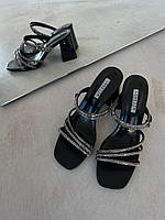 Женские черные мюли с камешками на удобном каблуке