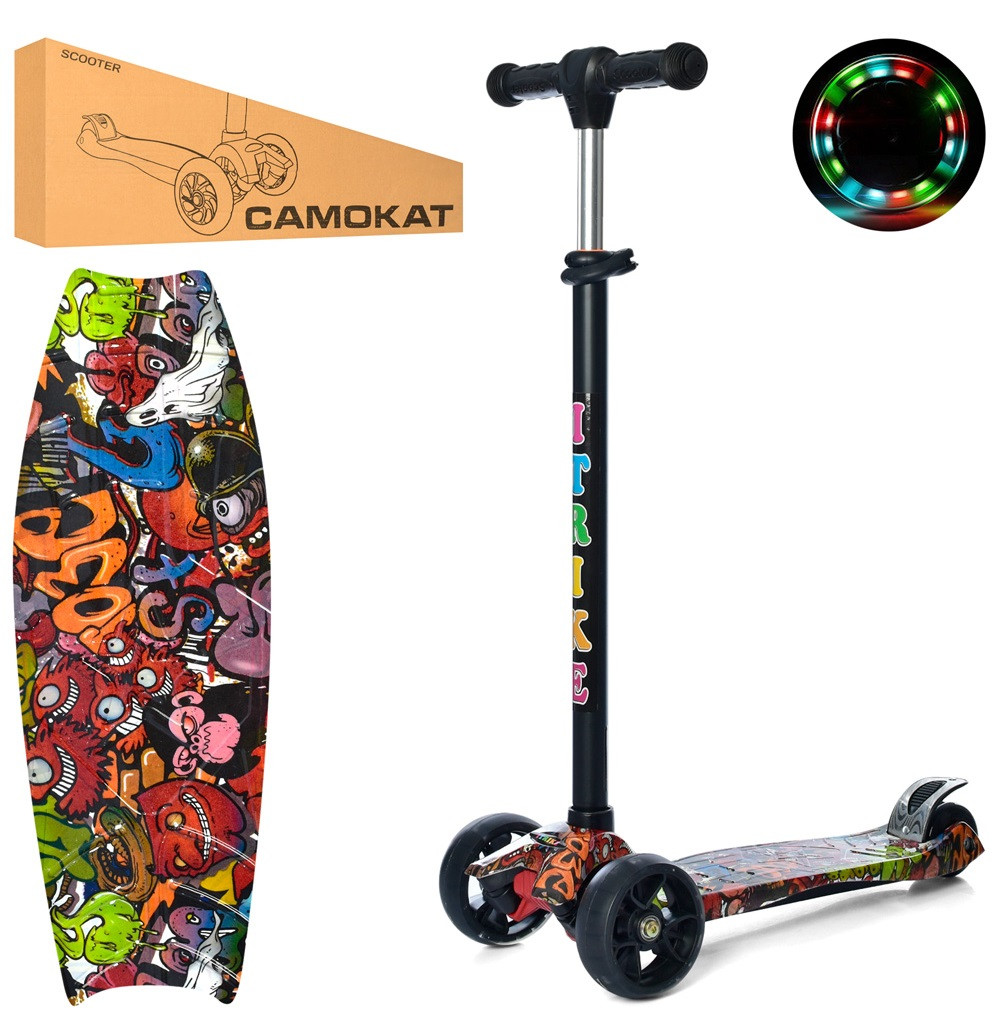 Дитячий триколісний самокат iTrike JR 3-060-22-WP MAXI підсвітка коліс, принт, 2 кольори, сталева рама, фото 1