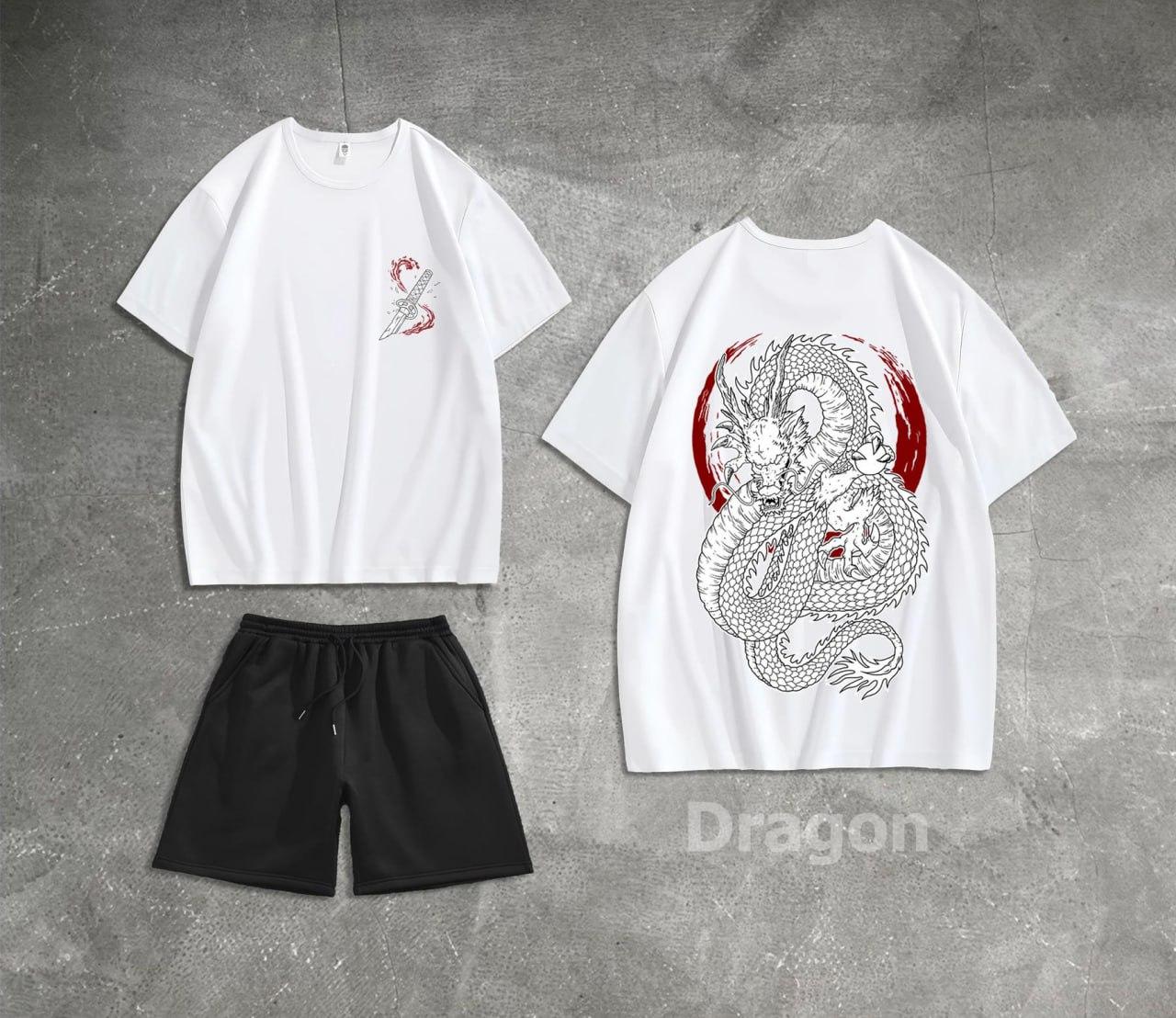 Чоловічий літній костюм оверсайз Футболка + Шорти білий Dragon Спортивний костюм на літо, фото 1