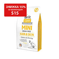 Сухой беззерновой корм Brit Care Mini Hair&Skin для взрослых длинношерстных собак мини пород с лососем и