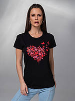 Черная хлопковая футболка с яркими бабочками, размер M