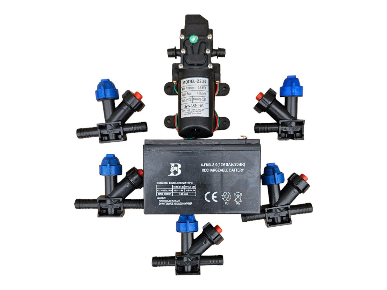 Комплект для саморобного обприскувача 1 насос (3.6л/хв) 5 форсунок акумулятор 12v 8ah