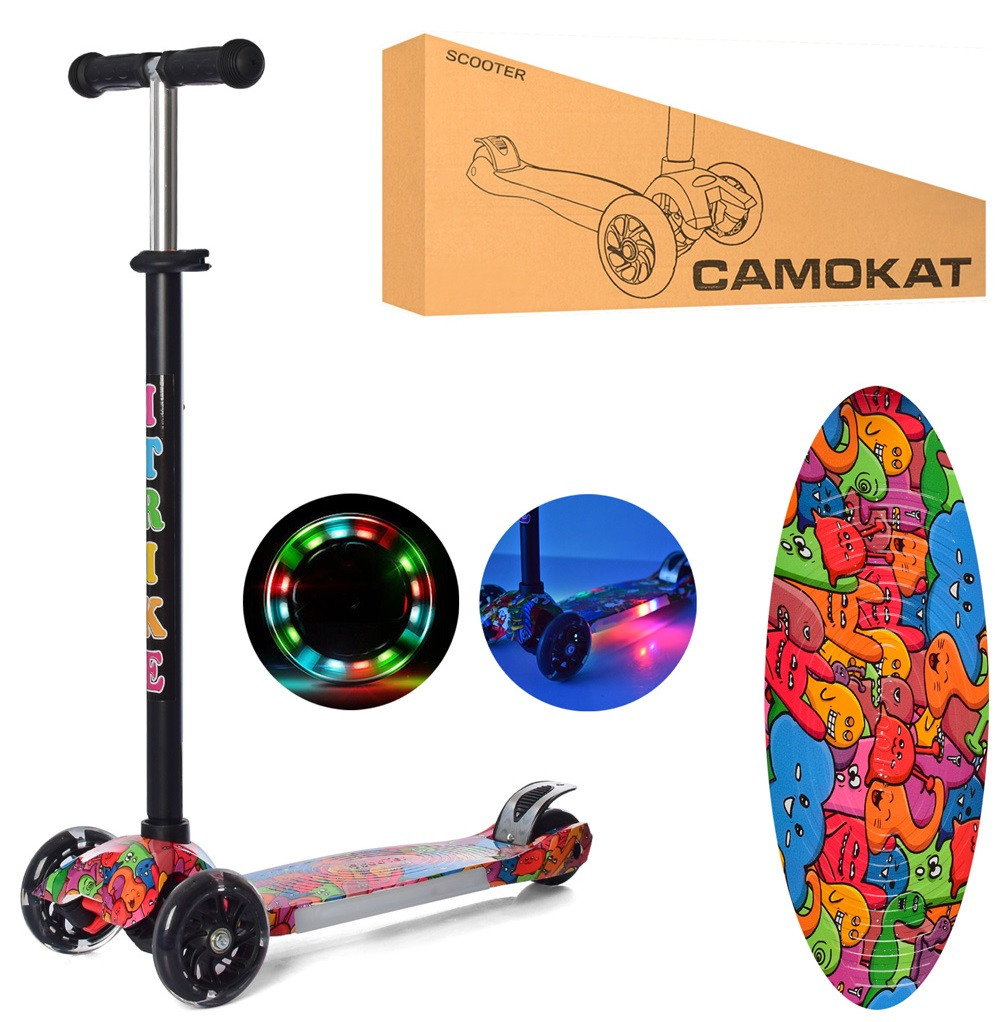 Дитячий триколісний складаний самокат iTrike JR 3-052-1-WP MAXI з принтом, платформа світиться, сталева рама, фото 1