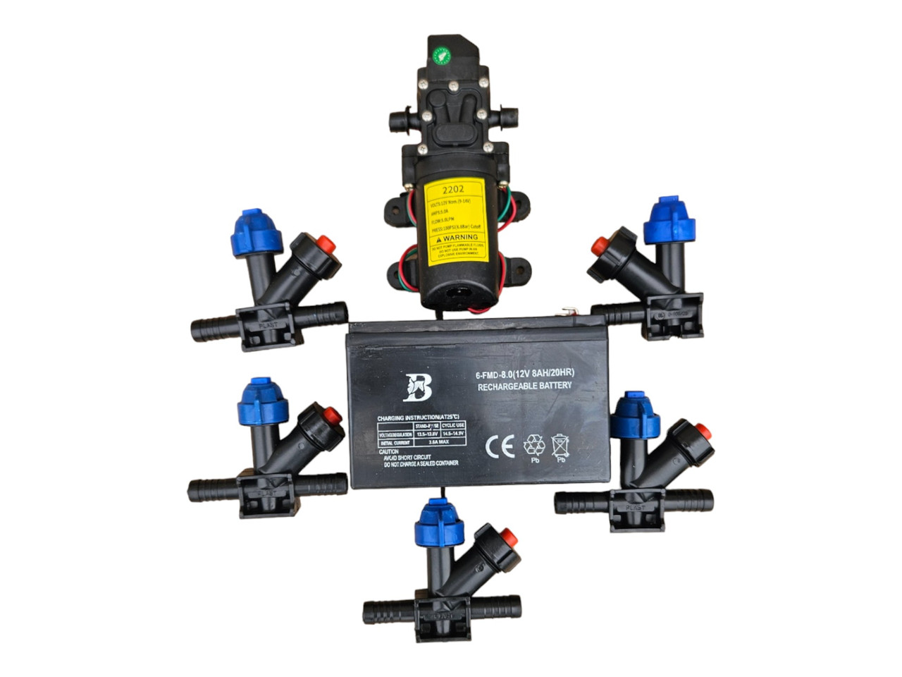 Комплект для саморобного обприскувача 1 насос (5 л/хв) 5 форсунок акумулятор 12v 8ah