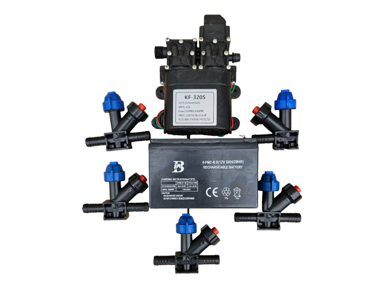 Комплект для саморобного обприскувача 1 насос (7 л/хв) 5 форсунок акумулятор 12v 8ah