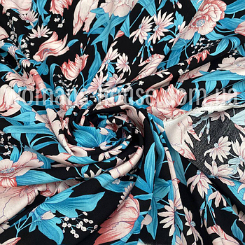 Тканина Штапель принт Великі квіти на чорному