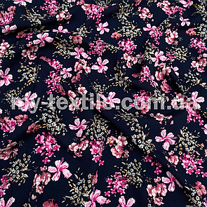 Штапель прінтованний Квіти на темно синьому