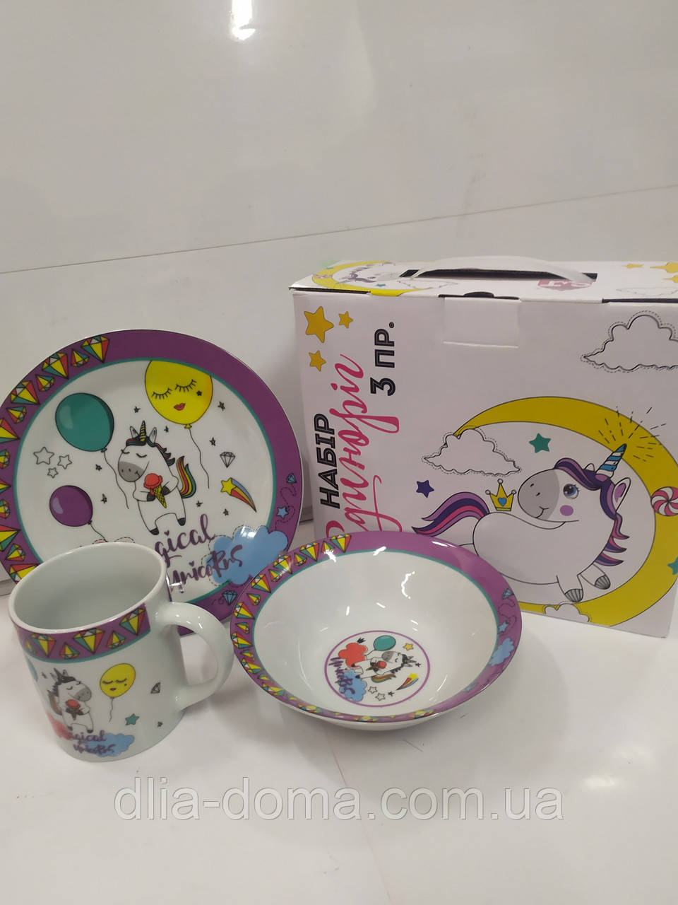 Набор посуды детский 1/3 "Единорог " тар-19см / мис- 380мл / чаш-250мл   №5141, фото 1