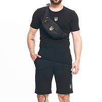 Комплект мужская футболка черная с гербом + шорты + бананка / Патриотическая футболка для мужчины