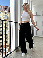 Чёрные женские брюки-палаццо из двунитки с боковыми карманами и поясом на резинке с утягивающим канатом