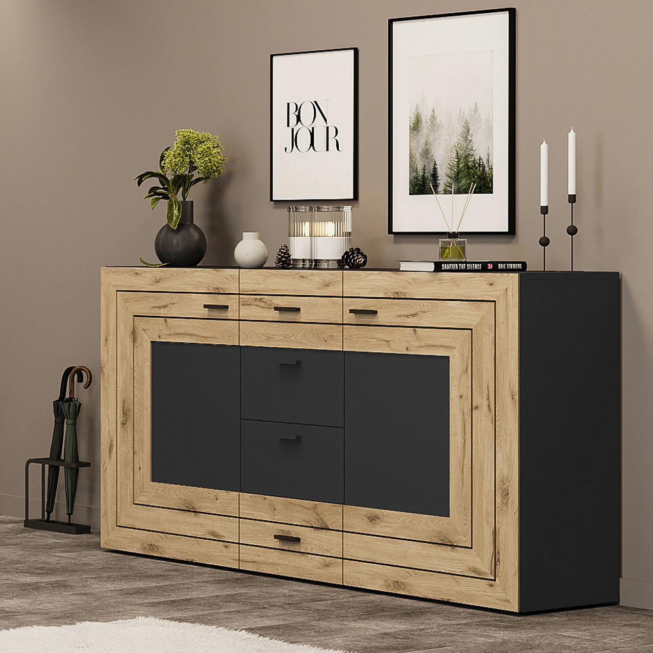 Великий стильний довгий сірий комод 160 см у вітальню зал з чорними ручками шухлядами дверцятами Джейкоб Сокме