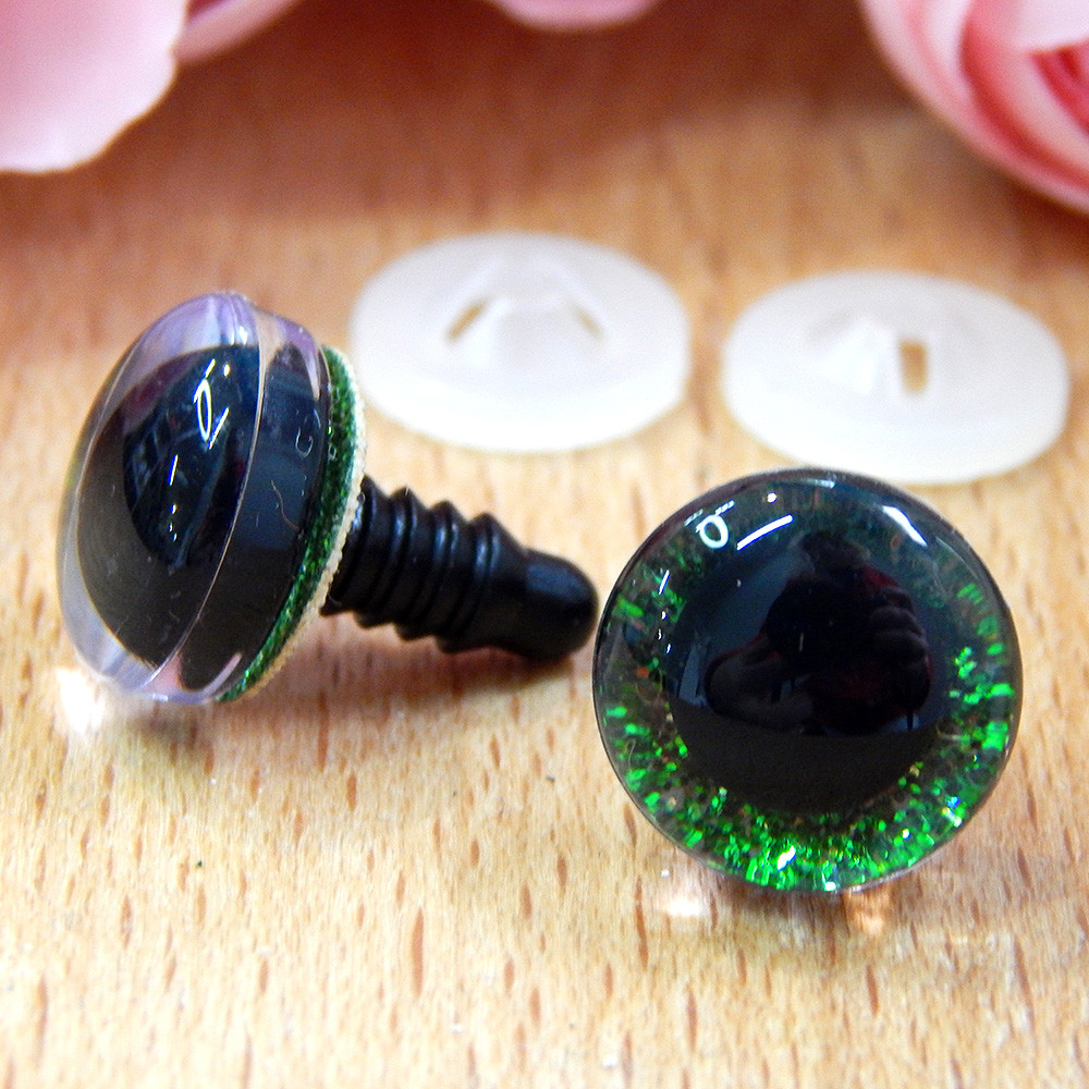 Вічка для іграшок блискучі, трапеція, 12 мм + кріплення, зелені (2 шт)