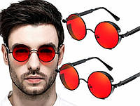 Круглые солнцезащитные ретро очки унисекс с красными линзами Steampunk тишейды с шорами Черные с металлической