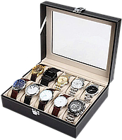Футляр, шкатулка для хранения часов и браслетов, органайзер с прозрачной крышкой на 10 отделений черного цвета