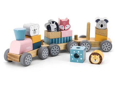 Дерев'яний поїзд зі Звірятами Viga Toys PolarB 44015 Конструктор поїзд, фото 1