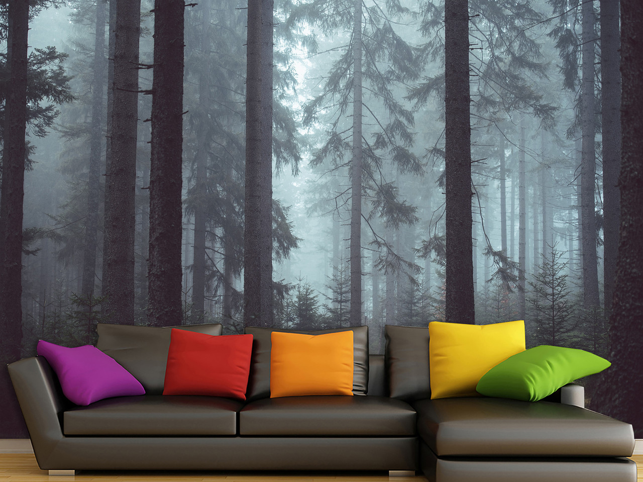 Фотошпалери для дому стильні "Ліс у тумані" , флізелінові фото шпалери з малюнком 145*98 см
