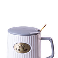 Чашка керамическая 400 мл Fashion с крышкой и ложкой Серый Lodgi