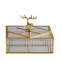Шкатулка для украшений Золотой олень квадратная стекло с металлическим каркасом 22х22 см Lodgi