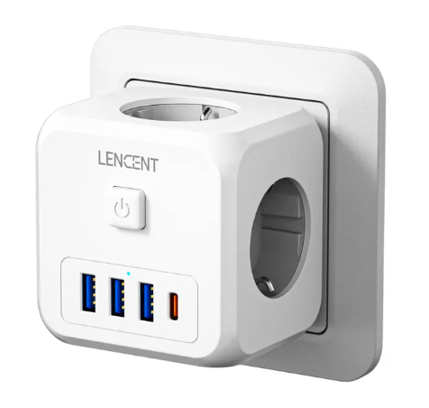 Розгалужувач настінної розетки Lancent з 3 розетками та 3 портами USB 1 Type-C з кнопкою увімкнення/вимкнення