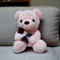 М'яка плюшева іграшка Ведмідь з розою 30 см, м'який плюшевий Ведмедик рожевого кольору