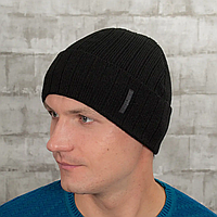 Вязаная мужская шапка на зиму с отворотом, утепленная зимняя черная шапка для мужчины с флисовой подкладкой