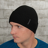 Мужская вязаная шапка с флисовой подкладкой на зиму, утепленная зимняя шапка для мужчины с отворотом черная