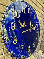 Годинник настінний з журавлями 70 см з епоксидної смоли синій