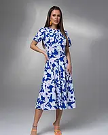 Біло-синє приталене плаття з квітковим принтом, Софт, S