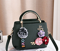 Женская мини-сумочка с цветочками и меховым брелоком Маленькая сумка с цветами Зеленый Dobuy Жіноча міні