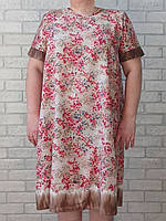 Женское легкое платье оптом с коротким рукавом свободного кроя в красные цветы р.52 56