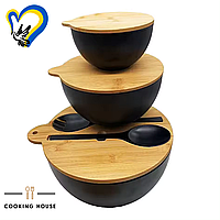 Набір мисок з бамбуковою кришкою Cooking House – 3 шт (25-20-15 см) чорні