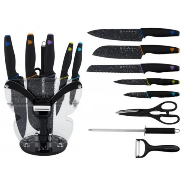 Набір ножів з кольоровими ручками Edenberg 9 предметів із підставкою з ножицями, фото 1