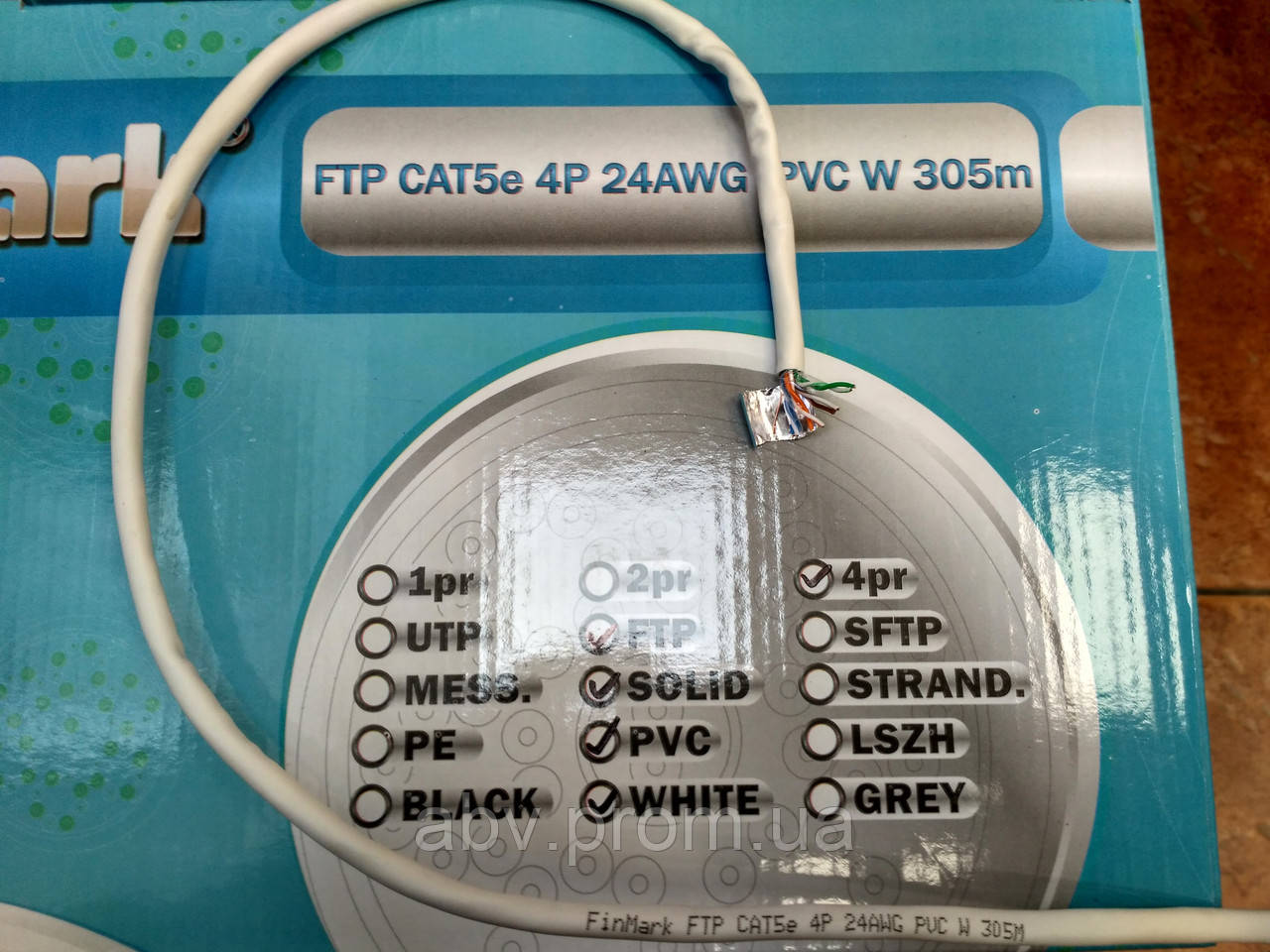 FTP 4x2x0.5 Кабель витая пара, медь Cat5e FinMark FTP 4P 24AWG PVC W 305m Pull Box бухта в коробке - фото 2 - id-p404308307