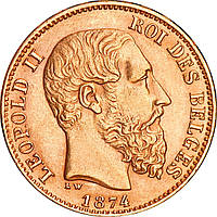 Золотая монета 20 франков 1874 Бельгия