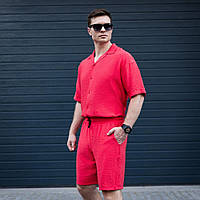 Летний костюм рубашка и шорты мужские красного цвета молодежный стильный повседневный костюм на парня мужчину M